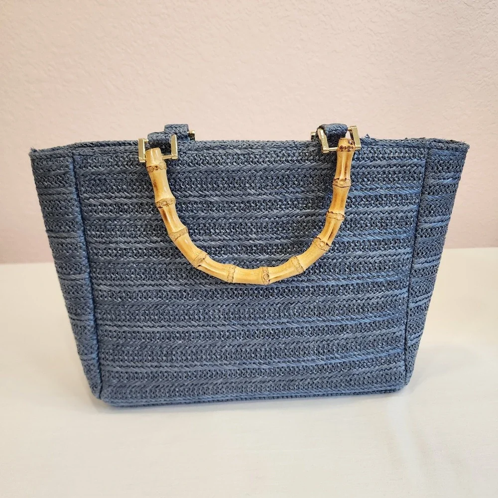 Haute Hippie Women's Straw Raffia Bag Purse With Gold Tone Chain Retro Ladylike
